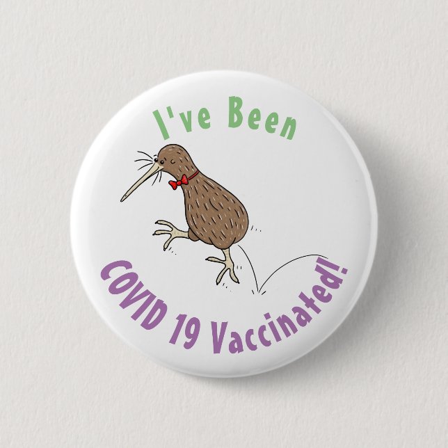 Happy jumping kiwi with bow tie cartoon design button (Front)
