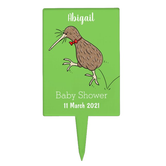 Happy jumping kiwi with bow tie cartoon design cake topper (Front)