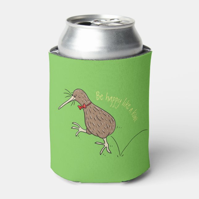 Happy jumping kiwi with bow tie cartoon design can cooler (Can Front)