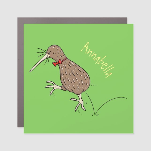 Happy jumping kiwi with bow tie cartoon design car magnet (Front)