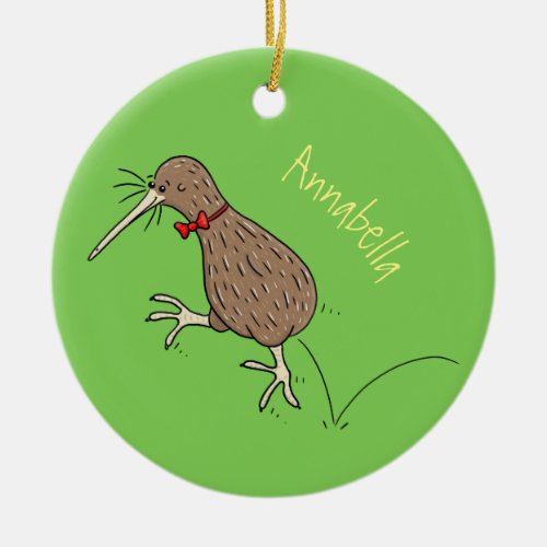 Happy jumping kiwi with bow tie cartoon design ceramic ornament