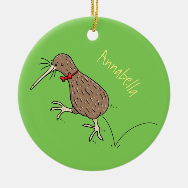 Happy jumping kiwi with bow tie cartoon design ceramic ornament (Front)