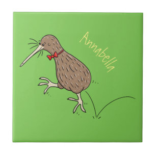 Happy jumping kiwi with bow tie cartoon design ceramic tile
