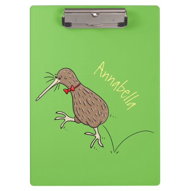 Happy jumping kiwi with bow tie cartoon design clipboard (Front)