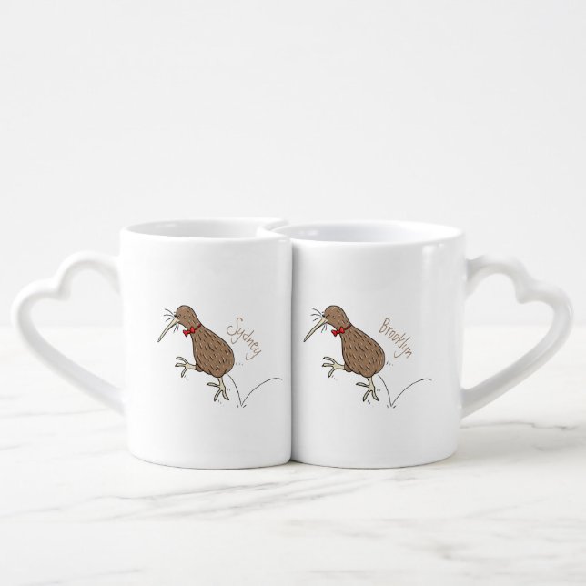 Happy jumping kiwi with bow tie cartoon design coffee mug set (Back Nesting)