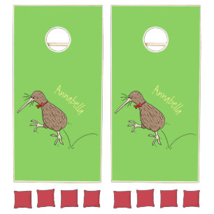 Happy jumping kiwi with bow tie cartoon design cornhole set