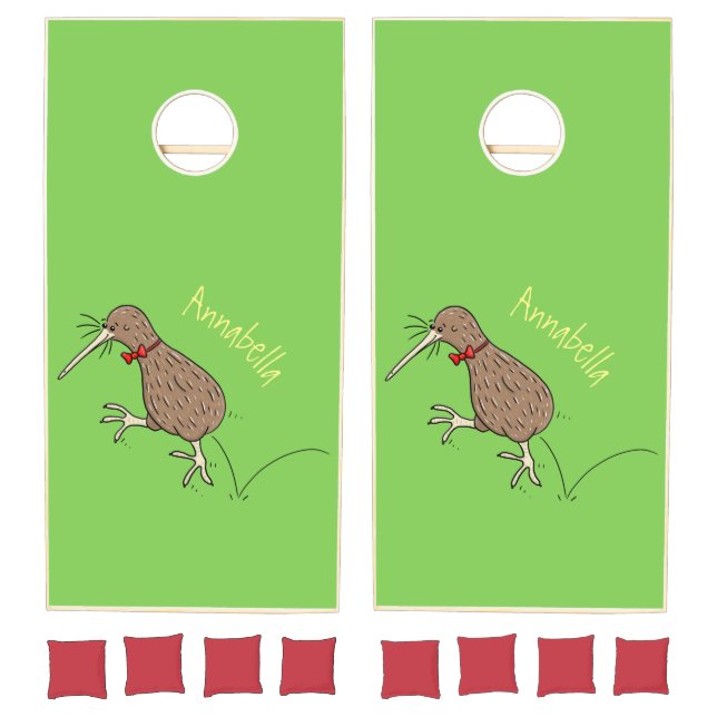 Happy jumping kiwi with bow tie cartoon design cornhole set (Set)