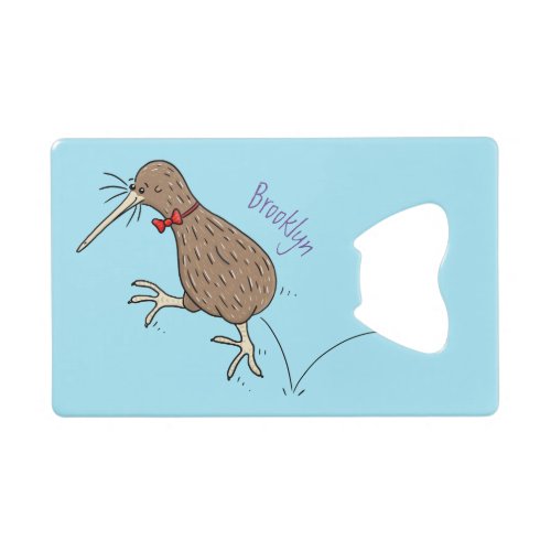 Happy jumping kiwi with bow tie cartoon design credit card bottle opener