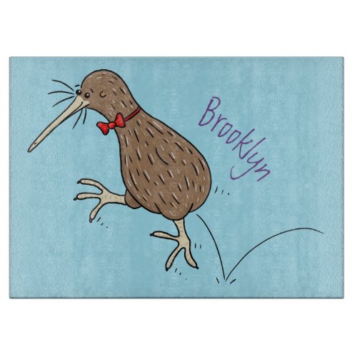 Happy jumping kiwi with bow tie cartoon design cutting board