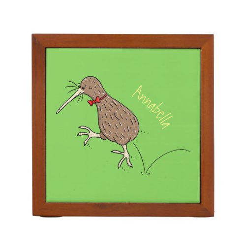 Happy jumping kiwi with bow tie cartoon design desk organizer