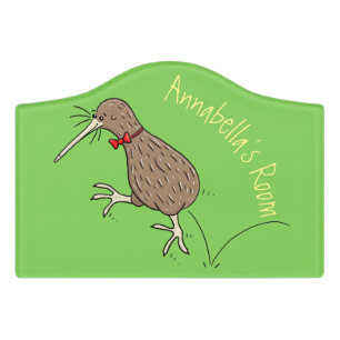 Happy jumping kiwi with bow tie cartoon design door sign