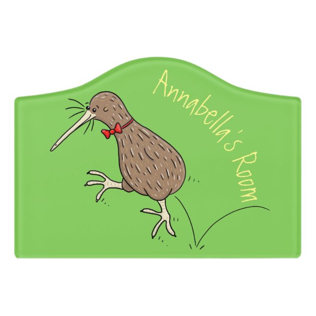 Happy jumping kiwi with bow tie cartoon design door sign (Small Crest Front)