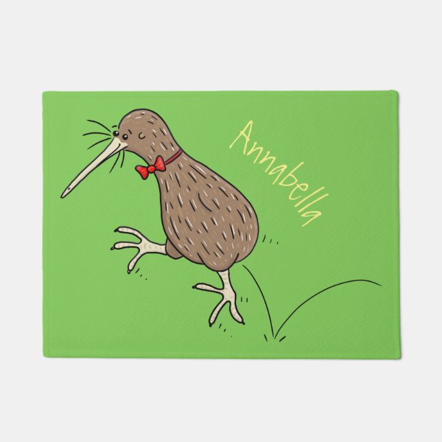 Happy jumping kiwi with bow tie cartoon design doormat (Front)