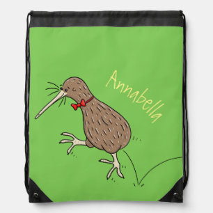 Happy jumping kiwi with bow tie cartoon design drawstring bag