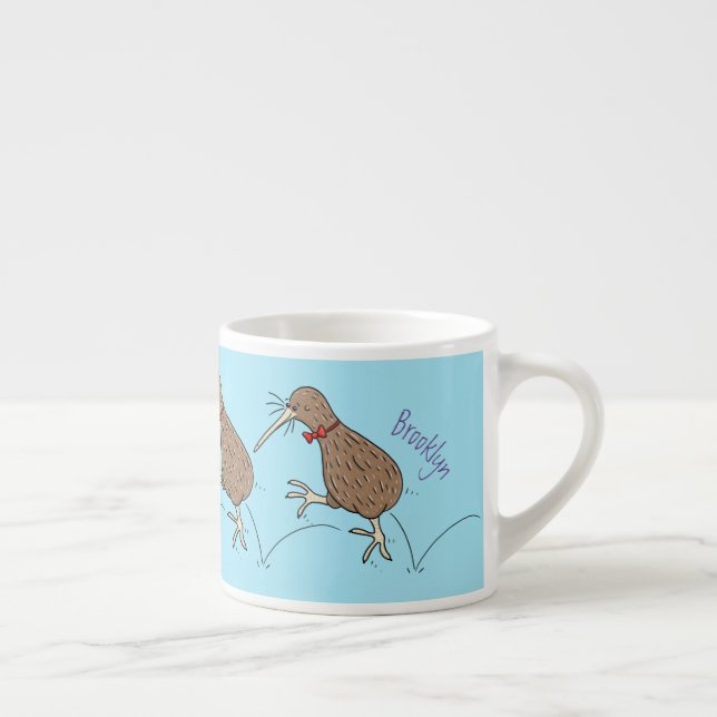 Happy jumping kiwi with bow tie cartoon design espresso cup (Right)
