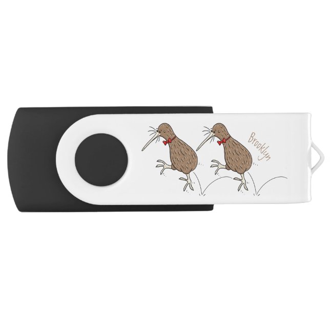 Happy jumping kiwi with bow tie cartoon design flash drive (Front)