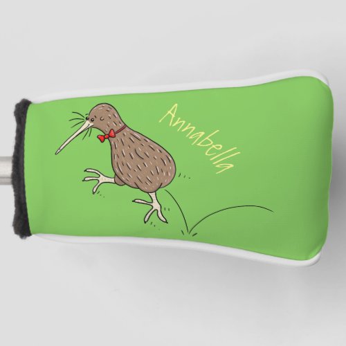 Happy jumping kiwi with bow tie cartoon design golf head cover