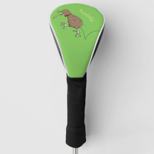 Happy jumping kiwi with bow tie cartoon design golf head cover