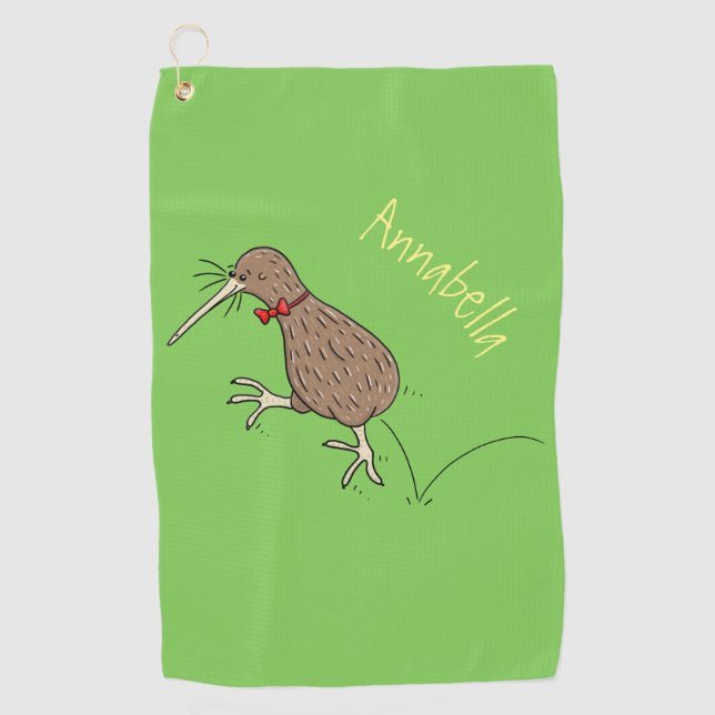 Happy jumping kiwi with bow tie cartoon design golf towel (Front)
