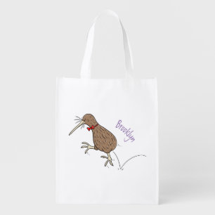 Happy jumping kiwi with bow tie cartoon design grocery bag