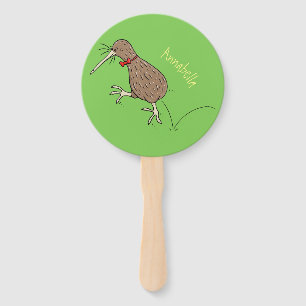 Happy jumping kiwi with bow tie cartoon design hand fan