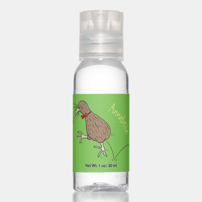 Happy jumping kiwi with bow tie cartoon design hand sanitizer (Front)