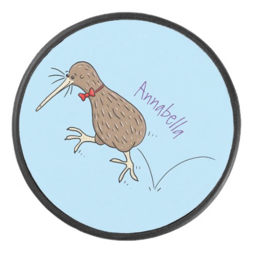 Happy jumping kiwi with bow tie cartoon design hockey puck