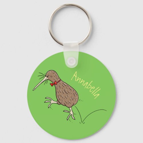 Happy jumping kiwi with bow tie cartoon design keychain