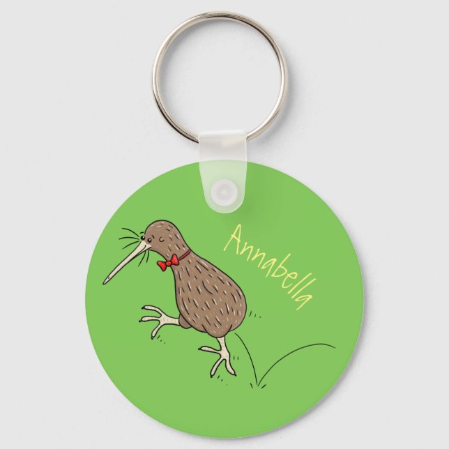 Happy jumping kiwi with bow tie cartoon design keychain (Front)