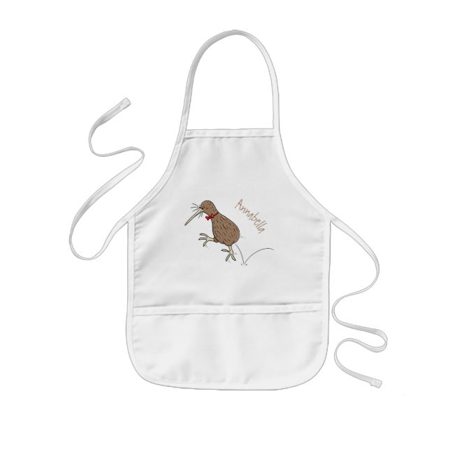 Happy jumping kiwi with bow tie cartoon design kids' apron (Front)
