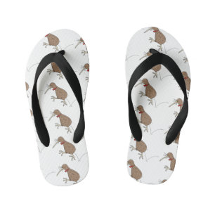 Happy jumping kiwi with bow tie cartoon design kid's flip flops