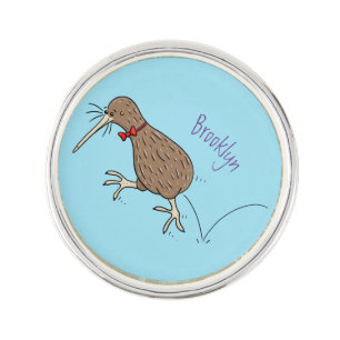 Happy jumping kiwi with bow tie cartoon design lapel pin