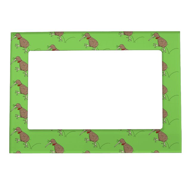 Happy jumping kiwi with bow tie cartoon design magnetic frame (Front)