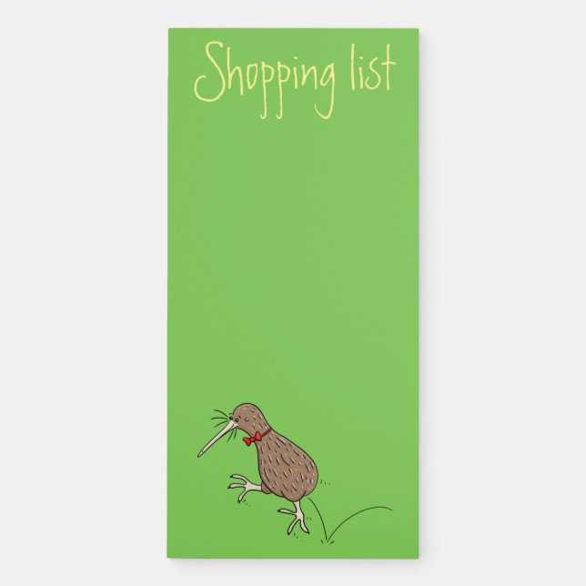 Happy jumping kiwi with bow tie cartoon design magnetic notepad (Front)