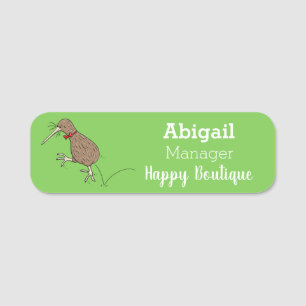 Happy jumping kiwi with bow tie cartoon design name tag