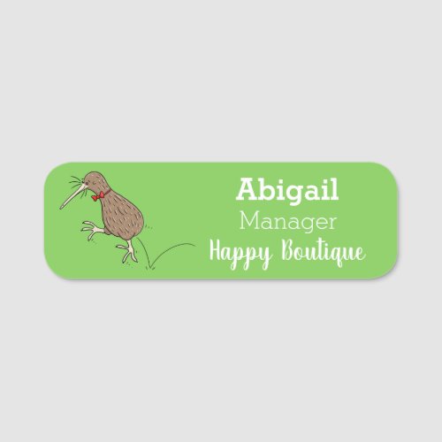 Happy jumping kiwi with bow tie cartoon design  name tag