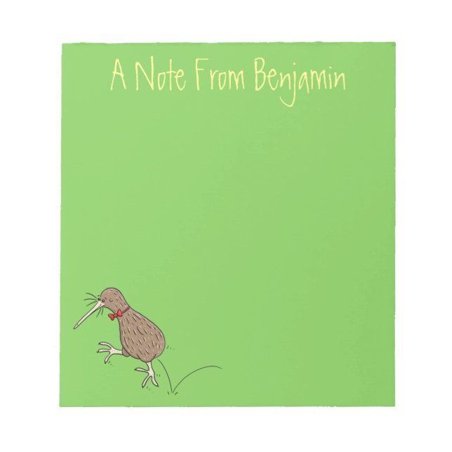 Happy jumping kiwi with bow tie cartoon design notepad (Front)