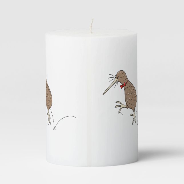 Happy jumping kiwi with bow tie cartoon design pillar candle (Back)