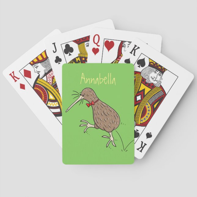 Happy jumping kiwi with bow tie cartoon design poker cards (Back)