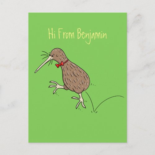 Happy jumping kiwi with bow tie cartoon design postcard