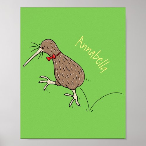 Happy jumping kiwi with bow tie cartoon design poster