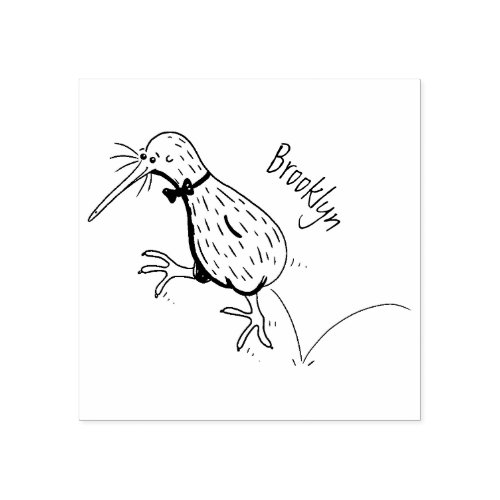 Happy jumping kiwi with bow tie cartoon design rubber stamp