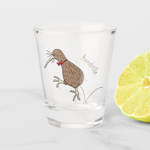 Happy jumping kiwi with bow tie cartoon design shot glass