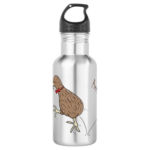 Happy jumping kiwi with bow tie cartoon design stainless steel water bottle