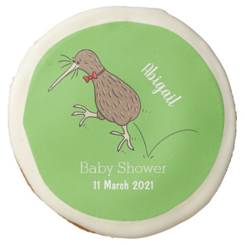 Happy jumping kiwi with bow tie cartoon design sugar cookie