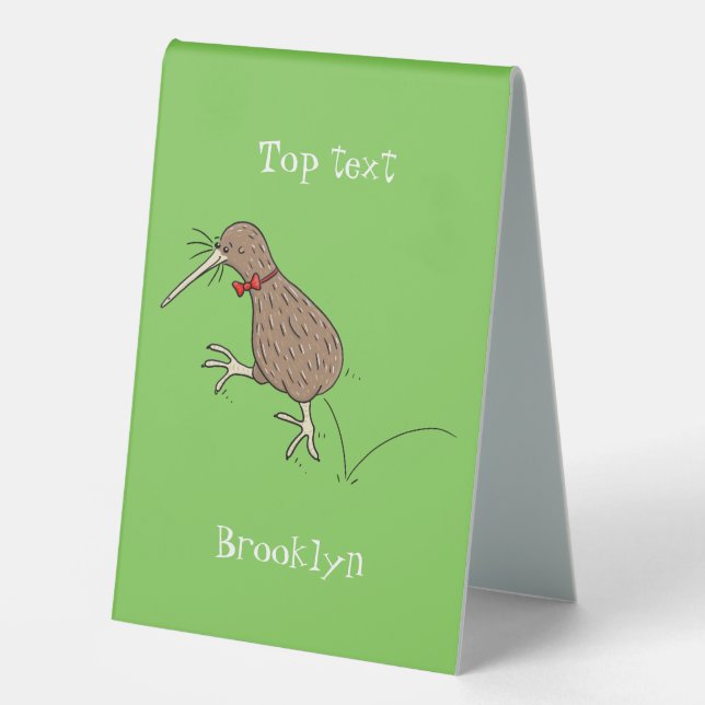 Happy jumping kiwi with bow tie cartoon design table tent (Front)