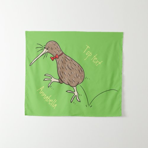 Happy jumping kiwi with bow tie cartoon design  tapestry