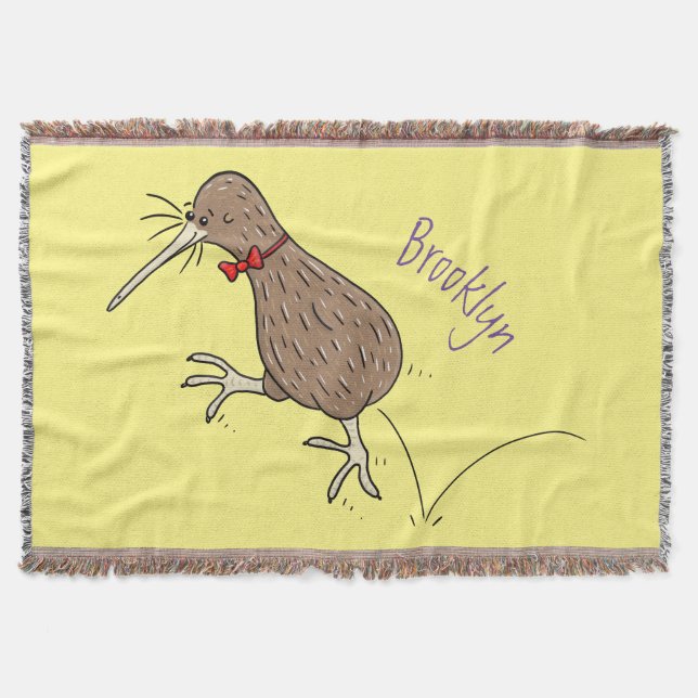 Happy jumping kiwi with bow tie cartoon design throw blanket (Front)