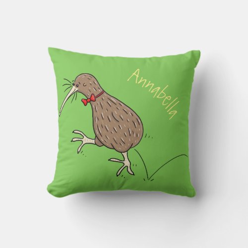 Happy jumping kiwi with bow tie cartoon design throw pillow