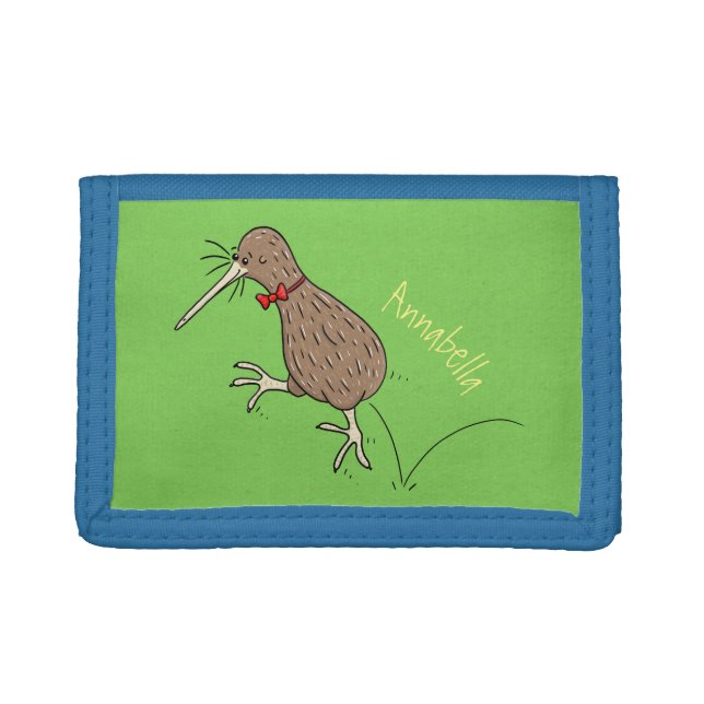 Happy jumping kiwi with bow tie cartoon design trifold wallet (Front)